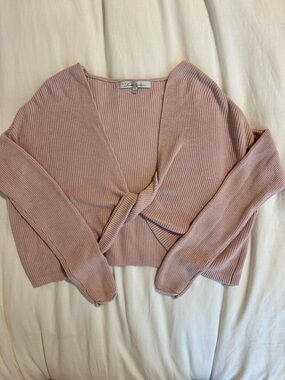 Lovers + Friends Dusty Rose Ribbed V-Neck Tie-Front Sweater